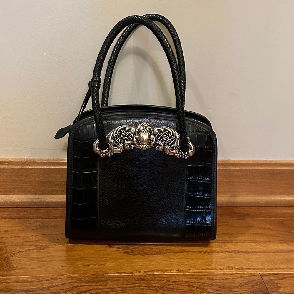 Brighton Chantilly Black Leather Croc Satchel Handbag Purse Tote W/Pewter  Charm